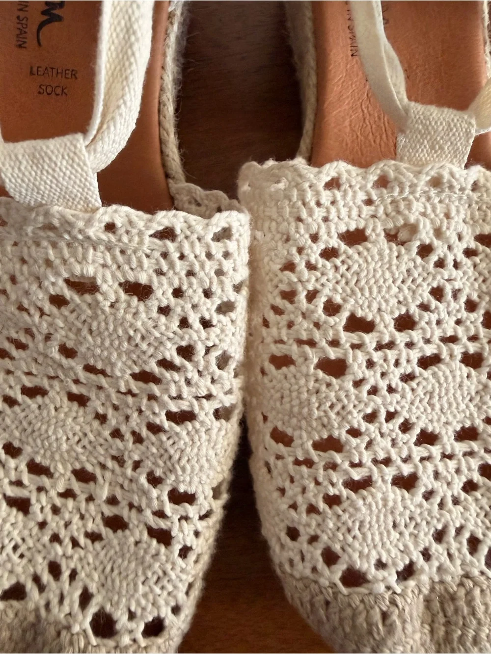 Crochet Espadrille Ankle-Tie Wedges in Cream